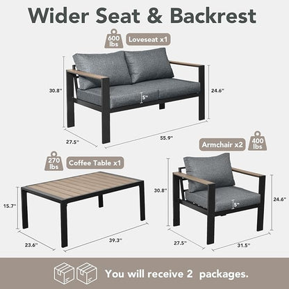 Patio Furniture Set 4 Seats and Coffee Table, Patio Conversation Set with Washable Thick Cushions, Deluxe Aluminum Modern Outside Sectional for Porch, Balcony, Deck, Yard, Light Gray