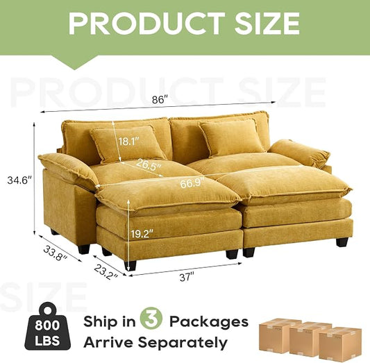 Oprisen 86" Modular Sectional Sofa, Comfy Cloud Couch Sectional Sofa with Ottoman, Chenille Sofa Sleeper Deep Seat Sofa with Throw Pillows for Living Room (Yellow)