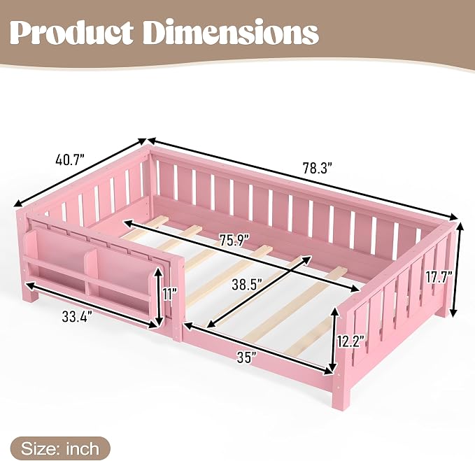 Bellemave Twin Floor Bed with Rails and Slats, Twin Size Montessori Floor Bed with Bookshelf and Fence, Easy Assemble Montessori Beds Frame for Girls, Boys, Pink