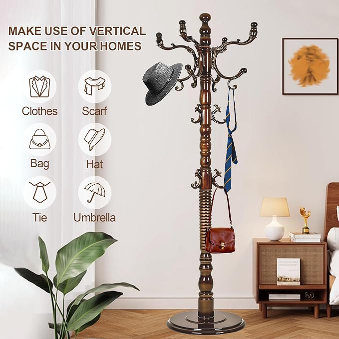 Wooden Coat Rack Freestanding with 18 Hooks, Adjustable Height Coat Tree Free Standing Heavy Duty for Entryway, Easy Assembly Solid Wood Sturdy Coat Hats Hanger Stand for Office Hallway Bedroom
