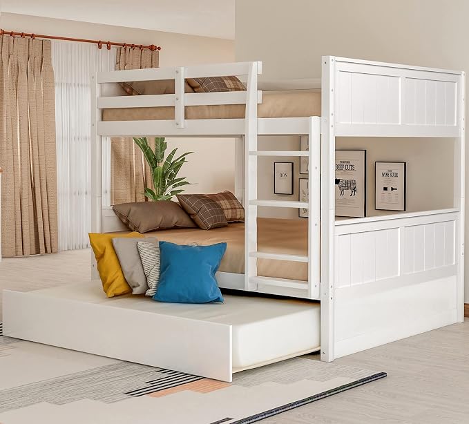 Merax Trundle Bunk Bed, Full Over Full Wood Bunk Bed with Twin Size Trundle, Guardrail and Ladder, Can be Separated into 2 Beds, White