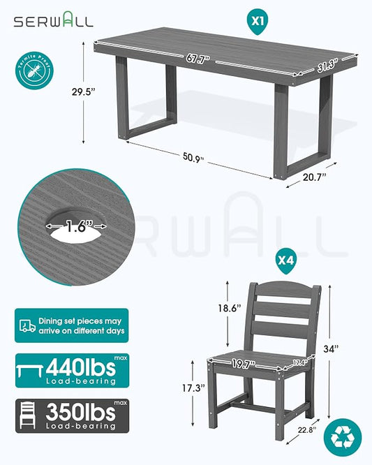 SERWALL HDPE Outdoor Dining Set for 4, 67'' Patio Table and Chairs Set | with Armless Seat