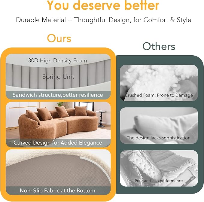 110.2" Curved Sectional Sofa,Luxury Wood Grain Chenille Fabric, Oversized Sectional Sofa,Compression Curved Couch for Living Room,No Assembly Needed (Caramel, 110.2 Inch)