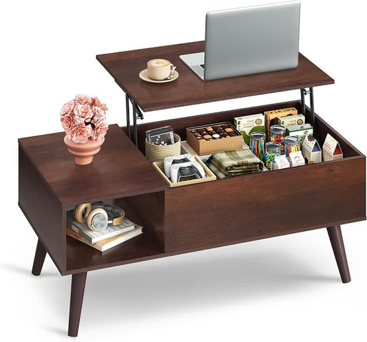 WLIVE Coffee Table for Living Room, Lift Top Coffee Table with Storage, Small Rising Wooden Dining Center Table with Storage Shelf & Hidden Compartment, 39" Espresso
