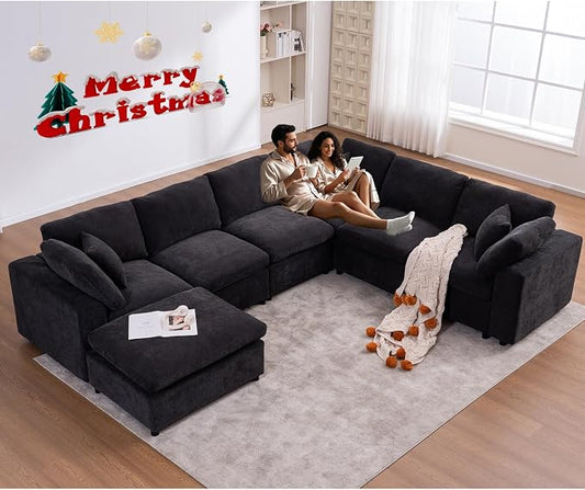 Oversized Modular Sectional Sofa Couch, Large 7 Seater Corner Sofa Modern U Shaped Sectional Couch with Ottoman Cloud Couches for Living Room, Office, Spacious Space, Black
