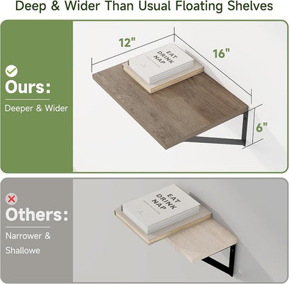 Heimlove 12 Inch Deep Floating Shelves for Wall, 16W x 12D Wide Floating Shelves Heavy Duty Wall Mounted Shelves, Wood Wall Shelves for Living Room Bedroom Bathroom Kitchen- Set of 4