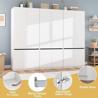 White Armoire Wardrobe Closet: 74" Wooden Wardrobe Closet with 6 Doors, Bedroom Armoires with Hanging Rod, Tall Closets Cabinet for Hanging Clothes (94.5")