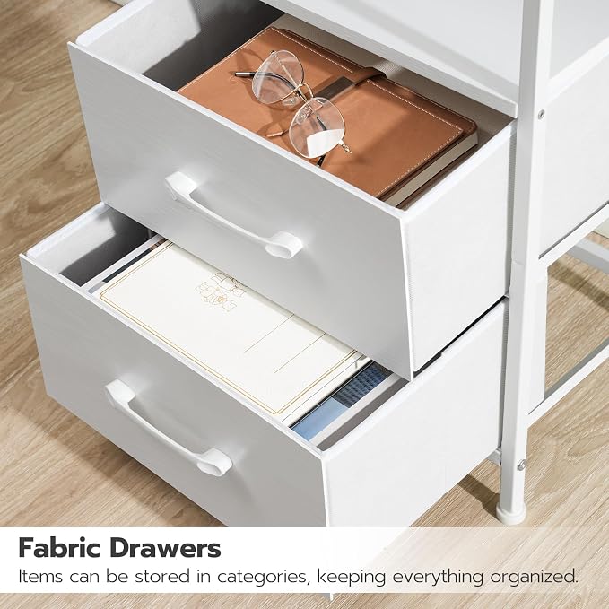 HOOBRO Nightstand with Charging Station, Bedside Table with LED Lights and 2 Fabric Drawers, End Table with 2 AC Outlets and USB Port, Small Night Stand for Bedroom, White WT118UDBZ01