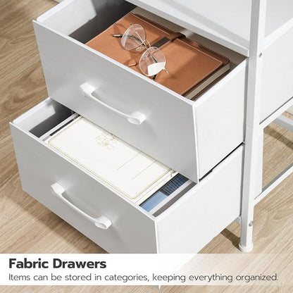 HOOBRO Nightstand with Charging Station, Bedside Table with LED Lights and 2 Fabric Drawers, End Table with 2 AC Outlets and USB Port, Small Night Stand for Bedroom, White WT118UDBZ01