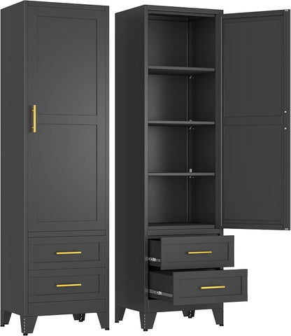 Metal Tall Narrow Storage Cabinet,Freestanding Floor Cabinet with 2 Drawers and 3 Adjustable Shelves,Pantry Storage Cabinets for Bathroom,Living Room,Entryway and Kitchen,Black