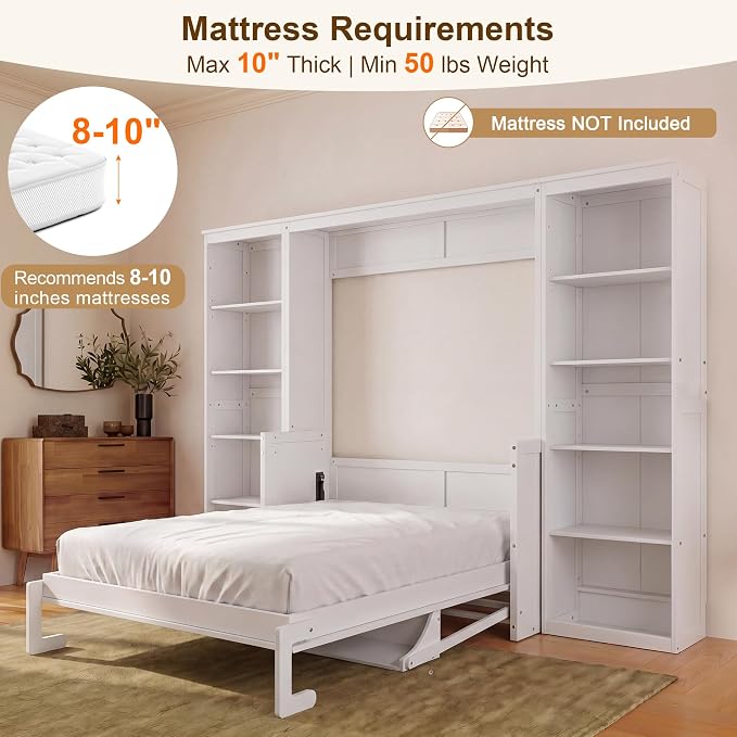 Olela Murphy Bed Full Size with Desk & Storage, Vertical Murphy Wall Bed Cabinet Desk & Bookcase Storage Combo, Space Saving Hideaway Beds for Home Office Guest Room, White
