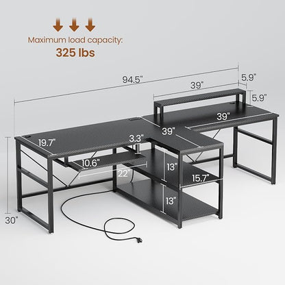 SEDETA 94.5" Gaming Computer Desk, 2 Person Office Desk with Storage, LED Lights, Power Strip, Long Desks with Keyboard Tray & Monitor Stand for Home Office, Carbon Fiber Black