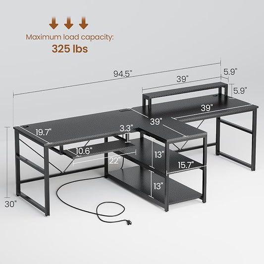 SEDETA 94.5" Gaming Computer Desk, 2 Person Office Desk with Storage, LED Lights, Power Strip, Long Desks with Keyboard Tray & Monitor Stand for Home Office, Carbon Fiber Black