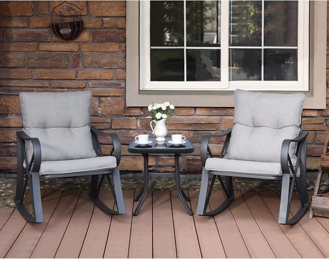 COSIEST 3 Piece Bistro Set Patio Rocking Chairs Outdoor Furniture w Warm Gray Cushions, Glass-Top Table for Garden, Pool, Backyard