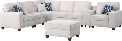 Ball & Cast 127" L-Shaped Sectional Couches for Living Room with Movable Ottoman,2 Cup Holders & USB Ports,7 Seat Chenille Upholstered Sofa W/6 Throw Pillows & Hidden Storage Box,DIY Combination,Beige