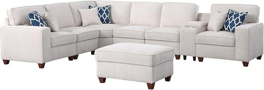 Ball & Cast 127" L-Shaped Sectional Couches for Living Room with Movable Ottoman,2 Cup Holders & USB Ports,7 Seat Chenille Upholstered Sofa W/6 Throw Pillows & Hidden Storage Box,DIY Combination,Beige
