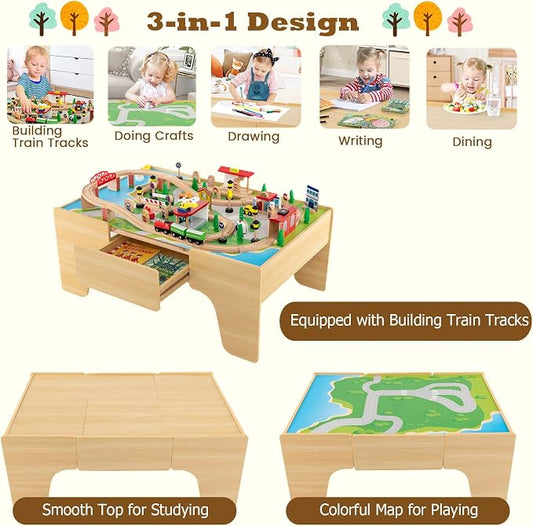 Costzon Train Table, 3-in-1 Wooden Train Set Table w/Reversible 84 PCS Track Train Toys, Table Map & Storage Drawer for Building, Playing, Studying, Kids Activity Table for Toddlers Aged 18 M+