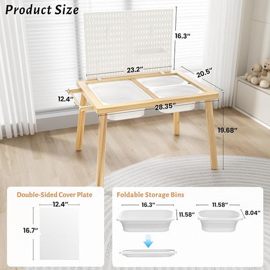 Easyego Sensory Table for Toddlers Kids Play Wooden Sand Water Table with Can DIY Creation Pegboard & Foldable Storage Bins for Indoor and Outdoor Use,Birthday Gifts for Boys and Girls - Natural Color