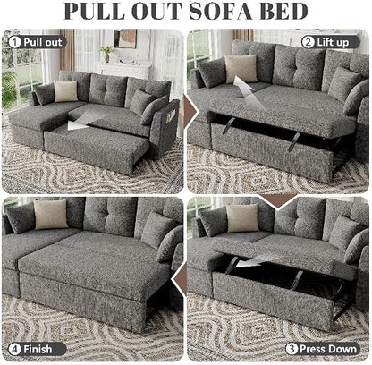 Huatean Home Sleeper Sofa Couch, 2 in 1 Sectional Sleeper Couch Bed with Side Pocket, Pullout Sofa Bed with Storage Chaise for Living Room, Dark Grey