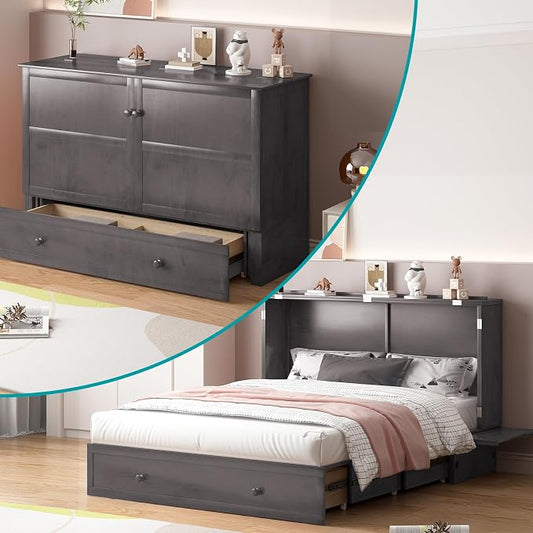 PUREMIND Queen Murphy Bed with Mattress Included, Murphy Cabinet Bed with Storage Drawer, Built-in Charging Station, Solid Wood Frame, Space-Saving Cabinet Beds for Small Spaces/Guest Room (Gray)