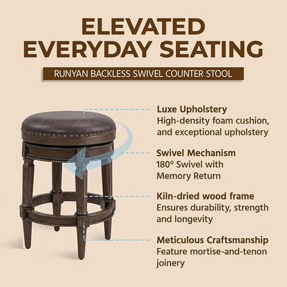 ROME + OAK Runyan 26" Swivel Counter Stool, Rotating Backless Barstool in Walnut with Brown Vegan Leather Seat - for Kitchens or Dining Rooms