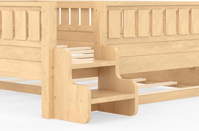 Bellemave Queen Size Kids Bed with high Rails and with Built-in Bookshelf and Trundle for Kids, Girls, Boys, Wood Montessori Bed Without Door, Light Natural
