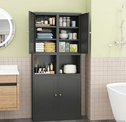 69" Tall Metal Pantry Cabinet with Microwave Stand,Microwave Storage Cabinet with 2 Doors & 3 Adjustable Shelves for Kitchen (2doors-Black, 11.81" D x 15.75" W x 66.93" H)