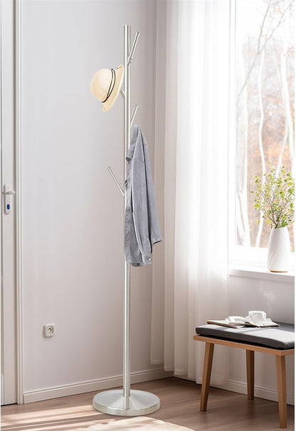 Kira Home Addison 68" Modern Standing Coat Rack with 6 Hanging Hooks, Sleek Metal Silver Coat Stand with Weighted Base, Satin Steel Finish