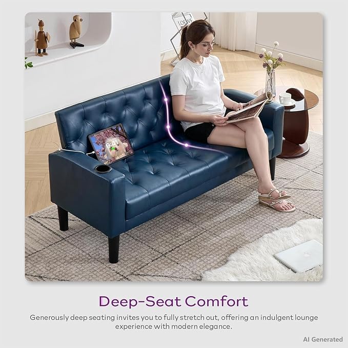 TYBOATLE 62" W Leather Loveseat w/ 2 USB and 2 Cupholders, Mid-Century Modern Tufted Small Love Seat Couches for Office, Living Room, Bedroom, Dorm (1, Blue)