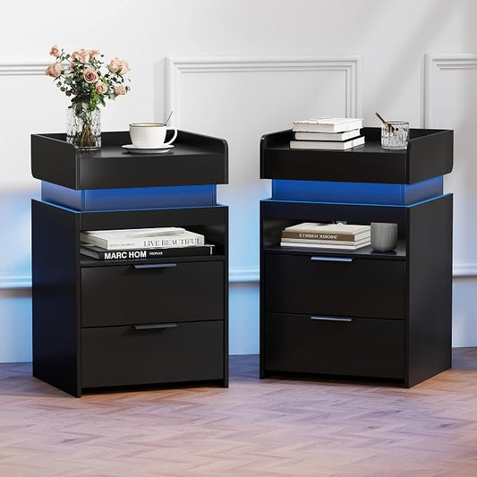 Black Nightstand Set of 2 with Charging Station, Hidden Sliding Top Compartment with USB-C, 2 USB Ports & 2 Outlets, Modern Night Stand with Drawers for Bedroom