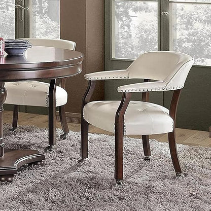 LEEMTORIG Set of 2 Dining Chairs with Casters and Arms, Large Rolling Dining Chairs with Wheels, Poker Chairs, Solid Wood Boss Caption's Chairs, 26"Dx25.2"Wx31.5"H, Espresso Legs & Ivory PU SY-318-WT