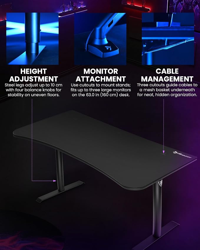 Arozzi Arena Large Gamer Desk - 63x32” Adjustable Height PC Gaming Desk With Storage For Cables & Triple-Monitor Support - Full-Surface Washable Mousepad - Pure Black