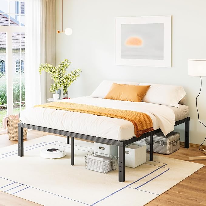 FSCHOS King-Size Bed-Frame / 18 Inch Metal Platform Bed Frame King/Reinforced Steel Slats Support/Heavy Duty Mattress Foundation/No Box Spring Needed/Easy Assembly/Noise Free/Black