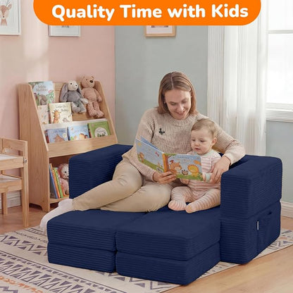 MeMoreCool Modular Kids Couch, Corduroy Play Toddler Couch for Bedroom Playroom Furniture, Convertible Foam Kids Sofa Bed, Fold Out Baby Sofa for Girl Boy, Navy