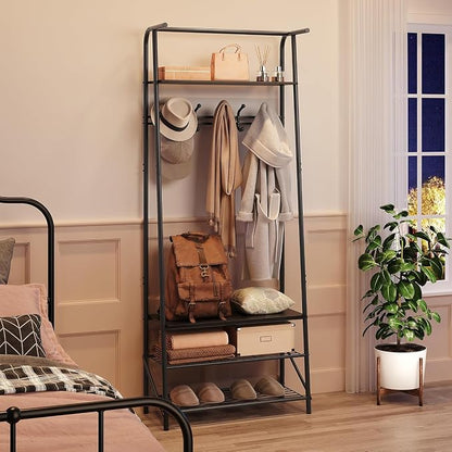 IDEALHOUSE Coat Rack Shoe Bench with 5 Hooks, Hall Trees Entryway Bench with Storage, Wood Look Accent Furniture with Metal Frame for Entryway, Living Room, Bedroom (Deep Black)