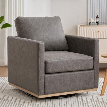Swivel Accent Chair, 360 Degree Square Swivel Chair for Living Room, Mid Century Modern Upholstered Barrel Chair,Comfy Sofa Armchairs for Bedroom,Nursery,PU Leather, Gray