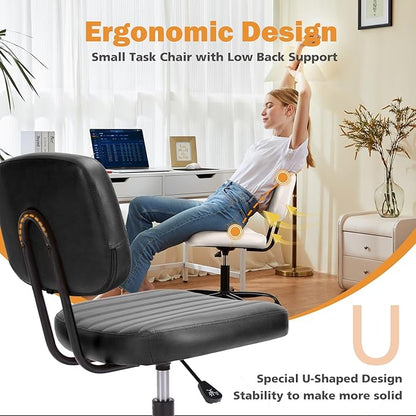 Sweetcrispy Small Office Desk Chair, Armless PU Leather with Comfy Lumbar Support, Height Adjustable Rolling Swivel Task for No Arms, for Adult, Student, Bedroom, Home, Vanity, Black