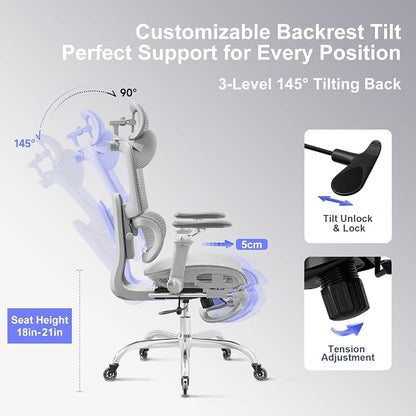 Office Chair with Footrest, Ergonomic Chair with 3D Headrest, Computer Chair with Adjustable Backrest & 6D Armrest, Gaming Chair with Adaptive Lumbar Support, Adjustable Seat Depth, Grey
