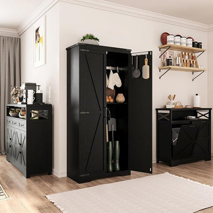Befrases Black Farmhouse Storage Cabinet with Adjustable Shelves, Large Pantry Organize with 2 Barn Doors, Tall Freestanding Cabinet for Kitchen, Bathroom, Garage, Basement, Living, Utility Room