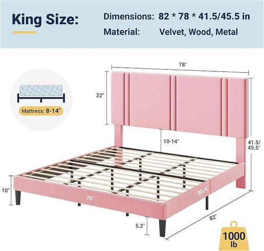 Allewie King Size Platform Bed Frame with Adjustable Headboard, Plush Velvet Upholstered, Vertical Channel Tufted, Sturdy Wooden Slats, No Box Spring Needed, Easy Assembly, Pink