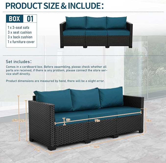 Rattan Star Outdoor Furniture Couch 3 Seater Sofa Outdoor Wicker Sofa Deep Seat High Backrest Patio Couch with Non-Slip Cushions Waterproof Cover, Peacock Blue