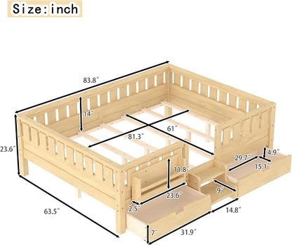 Bellemave Queen Size Bed with Slats and Stairs, Queen Size Platform Bed Frame with Fence, Bookshelf and Storage Drawers, Easy Assemble Beds for Girls, Boys, Light Natural