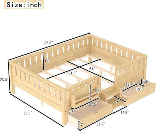 Bellemave Queen Bed with Storage Drawers & Bookshelf, Low Profile Kids Bed Frame with Staircase & Full Length Guardrails, Solid Wood Queen Bed for Kids with Slats Load 550LBS, Easy Assembly, Natural