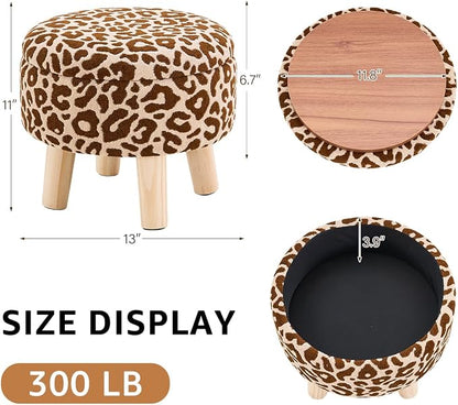 Wimarsbon Storage Ottoman, Modern Round Footrest with Soft Padded Seat, Pattern Velvet Footstool with Wood Legs, Accent Small Table or Plant Stand for Hallway, Living Room (Khaki)
