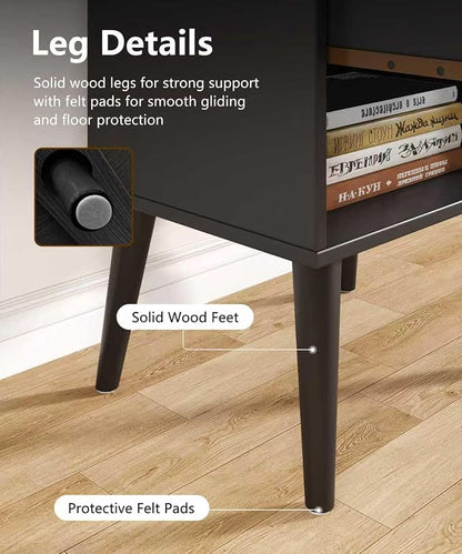 Keehusux Rattan Nightstands Set of 2, Night Stands with Charging Station & Drawer, Bedside Tables with Open Storage & Solid Wood Legs, Boho End Side Table for Bedroom, Black and Natural KES07BME02CTG