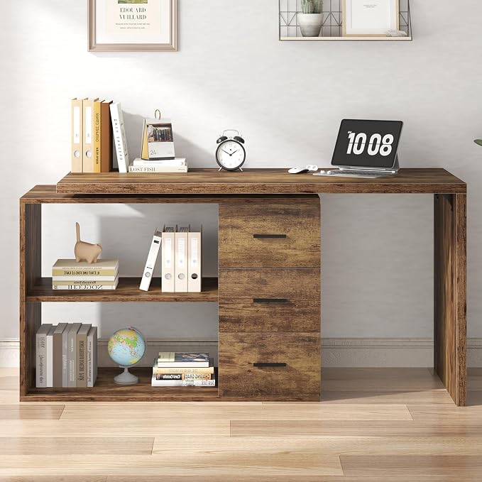 HSH L Shape Home Office Desk with Drawers, L-Shaped Computer Desk with Storage Cabinet Shelves, Wood Executive Desk for Writing Work, Reversible Study Table in Bedroom Living Room, Rustic Brown, 55 In