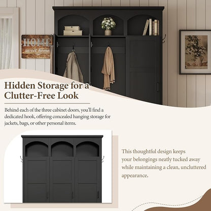 Merax Classic Arched Hall Tree with 3 Hidden Storage, Farmhouse Mudroom Bench with 5 Hooks, Mid-Century Entryway Organizer for Shoes, Black