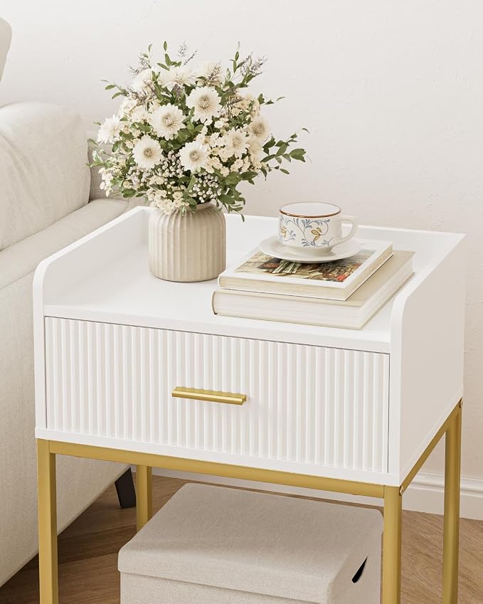 Night Stand, 3-Tier Bed Side Table, Small End Table, Nightstand with Open Shelf and Drawer, Bedside Table for Bedroom, Living Room, White