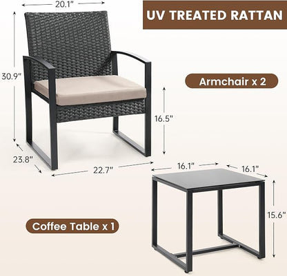 Murago 3 Piece Wicker Patio Bistro Set, Rattan Conversation Set with Coffee Table, for Balcony, Porch, Garden, Yard, Poolside, Black Frame with Beige Cushion