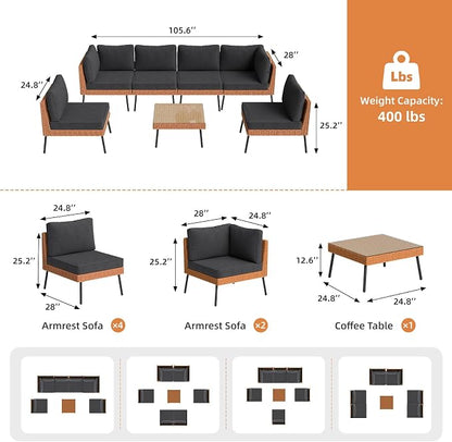 Aoxun 7-Piece Patio Furniture Set, Wicker Outdoor Furniture with Water Resistant Thick Cushions, Patio Conversation Set Outdoor Sectional Sofa with Coffee Table for Backyard Poolside, Black